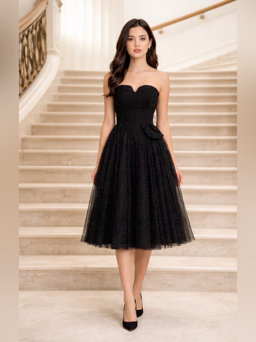 Vintage strapless sweetheart neckline  black midi dress with iridescent sequins